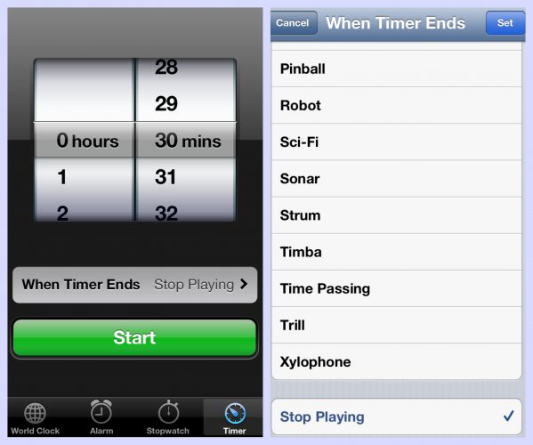 iPhone timer to stop play audios
